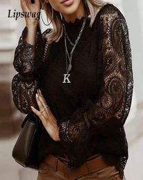 Femmes Sexy broderie Hollow Out Lace Blouse Shirt 2020 Automne Petal Sleeve Tops Tops Office Lady Elegant Stand Collar Blusa4451533