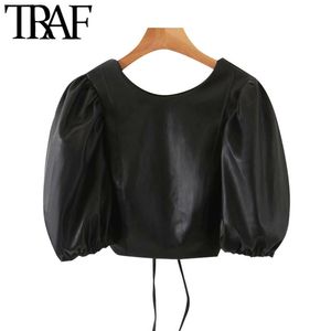 Vrouwen sexy mode faux lederen bladerdeeg mouwen bijgesneden blouses vitnage backless trillingen vrouwelijke shirts chique tops 210507