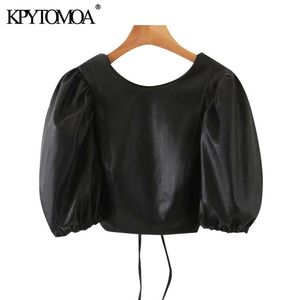 Femmes Sexy Mode Faux Cuir Puff Manches Blouses Courtes Vitnage Dos Nu Cordon Femelle Chemises Chic Tops 210420