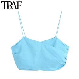 Femmes Sexy mode froncé à bretelles recadrée débardeur Vintage dos nu élastique fines bretelles femme Camis Chic hauts 210507