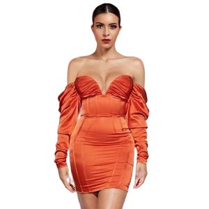 Dames Sexy Mode Lange Mouw van de Schouder Orange Party Jurk Elegante Celebrity Kant Prom Cocktail Bodycon 210527
