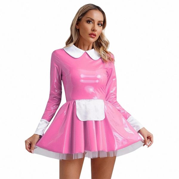 Femmes Sexy Faux Latex Femme de ménage française Dr Halen Sweet Lolita Cosplay A-ligne Mini Dr Clubwear Servante Waitr Costume T3Ff #