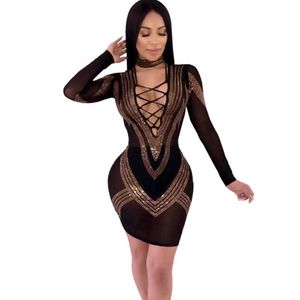 Vrouwen sexy full mouw ontwerper kralen kristal mesh feestjurk bling nigh club beroemdheid chic vestido 210527