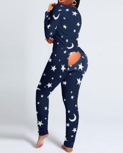 Vrouwen Sexy Functional Button Slap Moon Star Gedrukt Volwassenen Pyjama Suit One Piece Nachtkleding Afneembare Jumpsuits 2 Stijlen 210415