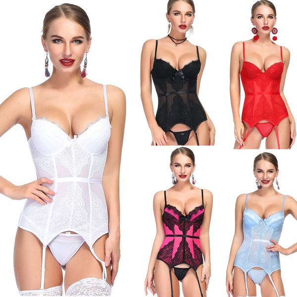 Femmes Sexy Jarretière Push-up Soutien-Gorge Cils Dentelle 8 pcs En Plastique Entièrement Désossé Bustier et Culotte Ensemble Blanc Lingerie De Mariée Corset Overbust Corselet