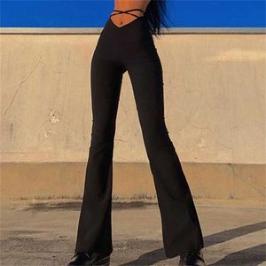 Femmes Sexy Taille haute Bodycon Leggings Bell Bottom Pantalon Noir Lace Up Flare Femme Party Skinny Wide Leg 211204