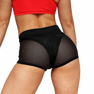 Femmes Sexy taille haute entraînement Fitn Shorts femme danse Shorts transparent maille Patchwork mature pôle danse Clubwear culottes E9Jq #