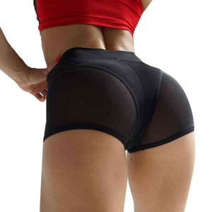 Mujeres Sexy Cintura alta Entrenamiento Fitness Shorts Mujer Cheer Booty Dance Shorts Malla transparente Patchwork Pole Dancing Clubwear Y220417