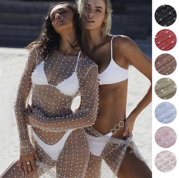 Maillots de bain pour femme Vacances Bikini Strass Cover-Ups Robe de plage Robe à manches longues avec décoration de perles Voir à travers la maille Sheer Pool Party Dress