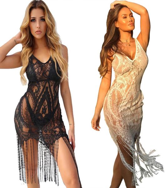 Mujeres Sexy encaje cubierto borlas Mini club Vestidos transparentes Vestidos de natación con cremallera bordada en v brote