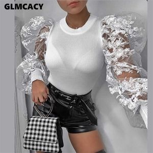 Mujeres sexy encaje bordado malla blusa manga soplada blusa camisas manga larga o cuello camisa blusa 210702