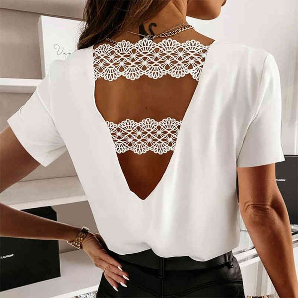 Femmes Sexy Dentelle Évider Dos Nu T-Shirts D'été Casual Col En V À Manches Courtes Bureau Lady Chic Lâche Solide Blanc Tops Tees 210416