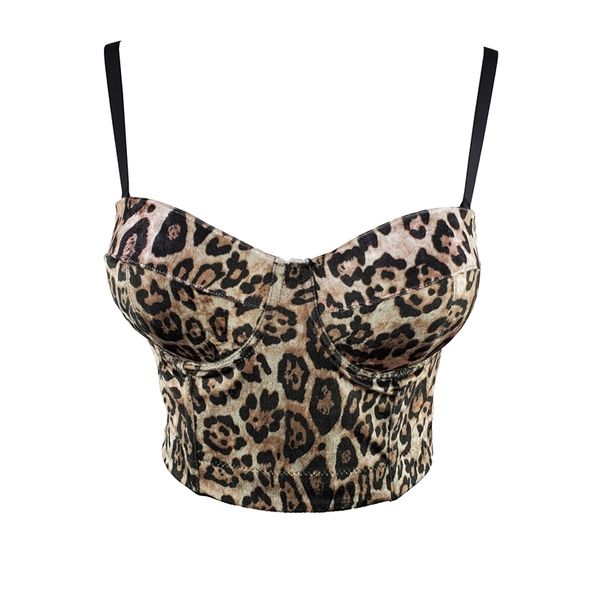 Femmes Sexy Léopard Print Velvet Court Bustier Crop Tops à l'extérieur portant une taille haute Sans manches Corst Camis K487 210407