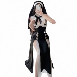 Mujeres lencería sexy kawaii dr headgear halen negro hueco passi uniforme anime monja juego de rol mucama cosplay traje traje c9ym #