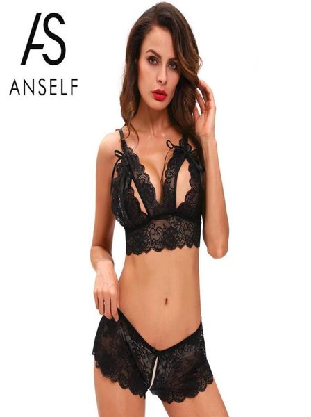 Conjunto de lencería sexy para mujer Sujetador erótico Ropa interior sin entrepierna Lazo de encaje Correas ajustables festoneadas Ropa de dormir Conjunto de bikini transparente 34272816409