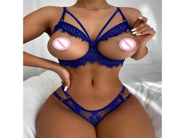 Conjunto de lencería sexy para mujer Pezón dividido Sin copas Estante abierto Sujetadores sin entrepierna Bragas sexuales Bralette de encaje Tentación Lencería erótica K89273408615