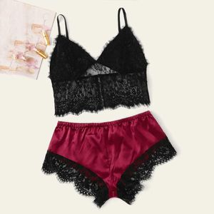 Femmes Sexy Lingerie vêtements de nuit sans manches sangle vêtements de nuit dentelle garniture Satin Cami haut pyjama ensembles vêtements de nuit Q0706