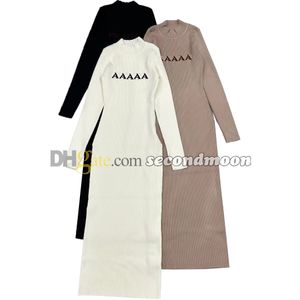 Vrouwen sexy lange jurk letters jacquard gebreide jurken lange mouwen gebreide japon casual stijl jurken