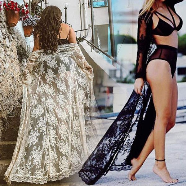 Mujeres Sexy Long Lace Beach Vestido de vestidos Ves a través de Pareo Kimono trajini bikini encubrimiento túnica trajes de baño