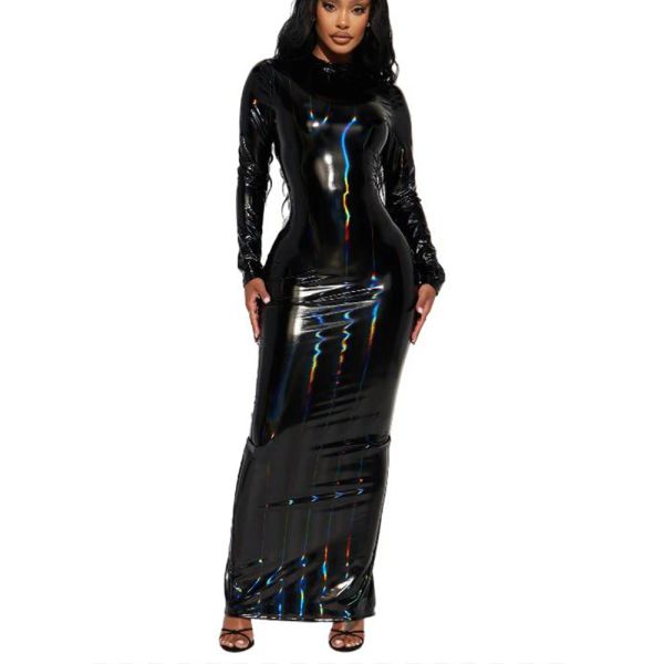 Robe fourreau Sexy à manches longues pour femmes, en cuir PVC brillant, dos fendu, moulante, Maxi, soirée, boîte de nuit