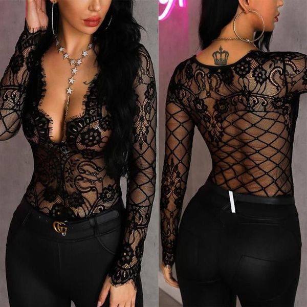 Femmes Sexy À Manches Longues Vêtements De Nuit Lingerie Dentelle Maille Transparent Col En V Profond Vêtements De Nuit Body Costume Érotique Soutiens-gorge Sets318H