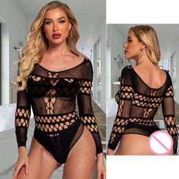 Mulheres sexy malha oco para fora ver através macacão lingerie erótica transparente de uma peça bodycon trajes senhoras fishnet bodysuit