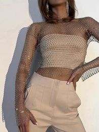 Mujeres Sexy Mesh See Through T Shirt Shiny Rhinestone Fishnet Hollow Out Crop Top Manga larga Beach Cover Up Party Club Tank Tops 240110