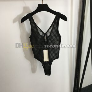 Vrouwen sexy gaas badkleding strak gepast bodysuit luxe letters jacquard zwempak v nek badpak
