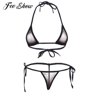Dames Sexy Micro Thong G-String Lingerie Mesh Halter Top BH met Bodem Erotische Ondergoed Doorzichtige Bikini Beach Swimwear Set