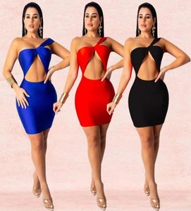 Vrouwen sexy nachtclub jurken wrap oneshoulder feestjurk voorkant uitgehakte mouwloze mini bodycon jurk blauw zwart rood3482019