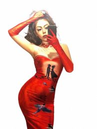 Vrouwen sexy nachtclub podium Red LG Dr. Mouwel 3D printing Tanabata Story Party Celebrate Performance Singer Stage Wear 60BR#