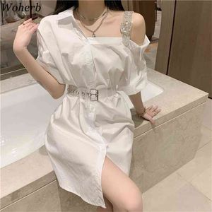 Femmes Sexy Off Une Épaule Chemise Robe Ceinture Mini Wihte Robes D'été Coréen Chic Mode Robe Patchwork Vestidos 210519