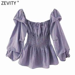 Femmes Sexy Off Épaule Plaid Imprimer Élastique Smock Blouse Bureau Dames Lanterne Manches Chemise Chic Rétro Blusas Tops LS7555 210416