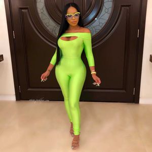 Femmes Sexy Off the Shoulder Designer Neon GreenBandage Jumpsuit Bodycon High Street Celebrity Party Barboteuses 210527