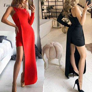 Vrouwen Sexy One Shoulder Hollow Out Club Party Jurk Herfst Lange Mouw Solid Bodycon Maxi Jurk Elegante Casual O-hals Jurk Y1204