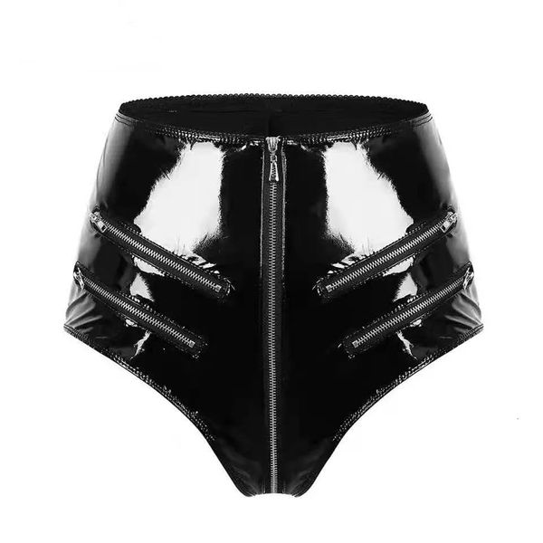 Femmes Sexy Shorts en cuir d'entrejambe d'ouverture pour sexe porno érotique en dessous de l'entrejambe sous-vêtements brillant Zipper Latex sac Hip Pantalon sexi 240311