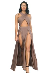 Vrouwen sexy feestjurken uitgehold halter wrap mouwloze gewoon geplooide spleet casual lange maxi jurk