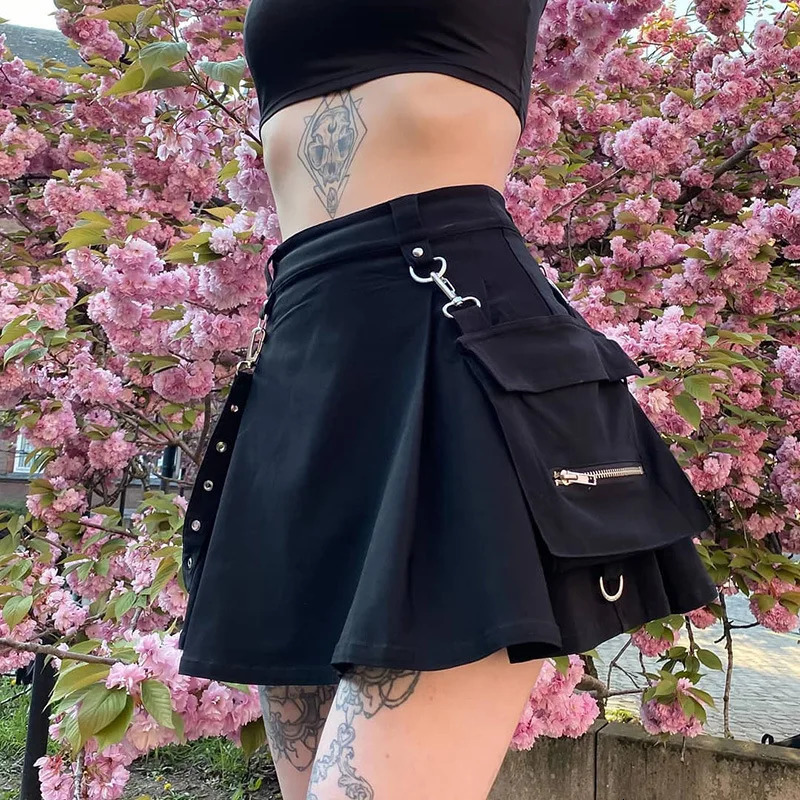 Kobiety seksowne patchwork bandage mini spódnica harajuku punkowa gotycka czarna wysoka talia żeńska streetwear 240311