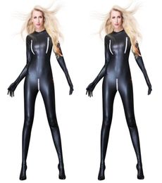 Femmes Sexy en cuir verni combinaison Bondage Zentai Catsuit Wetlook PU Latex justaucorps fermeture éclair entrejambe ouvert body érotique Clubwear1120634