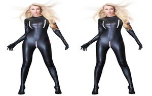 Femmes Sexy en cuir verni combinaison Bondage Zentai Catsuit Wetlook PU Latex justaucorps fermeture éclair entrejambe ouvert body érotique Clubwear8088321