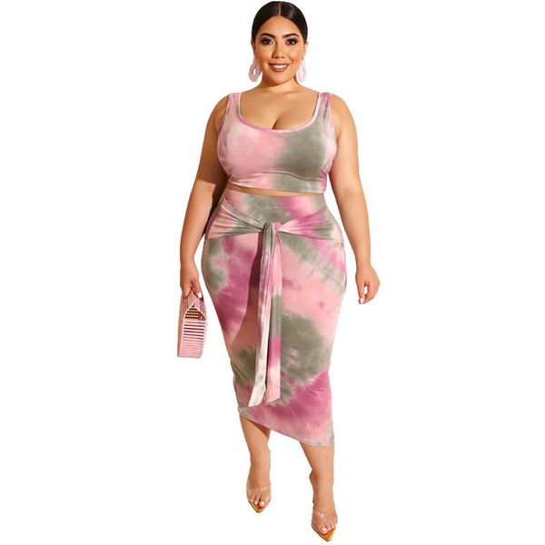 Mujeres Sexy Tallas grandes 2 piezas Midi Dress Outfits Sin mangas Tie Dye Print Tank Crop Top Bodycon Faldas Set