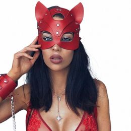 Femmes Sexy Masque Rouge Demi-Visage Cosplay En Cuir Masque De Fête Chaîne Harn Collier Mascarade Ball Punk Noël Fantaisie Masques N9sZ #