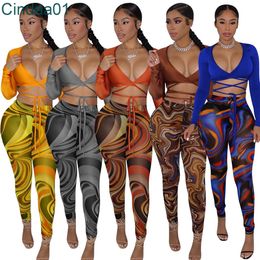 Dames Sexy Screen Printed Tweedelige broek Pak Mode Lange mouw Tops en Hoge Elastische Leggings Cacual Outfits