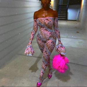 Vrouwen sexy seethrough slash nek wijd uitlopende mouw nachtclub outfits overalls hipster hoge taille bloemen luipaard print jumpsuit 240423