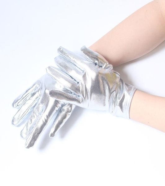 Mujeres Sexy Guantes cortos de PVC Guantes góticos Cinco dedos Color de plata