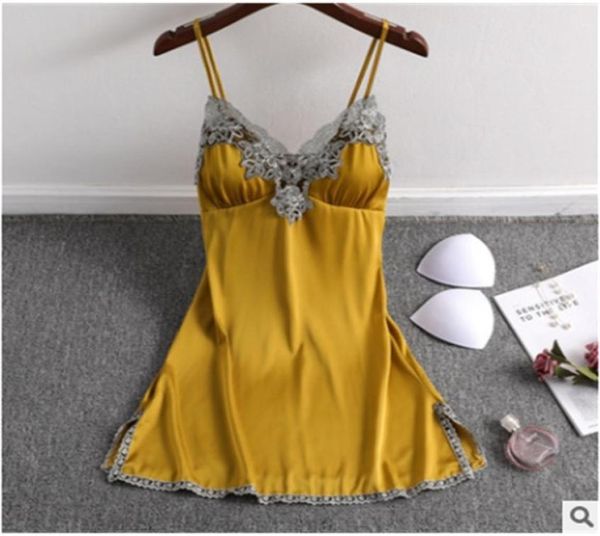 Mujeres Sexy Corto Satén Sin Espalda Ropa de Dormir Señoras Lencería Sleepdress Babydoll Camisón Camisón Amarillo Ropa Interior Homewear Y20044602290