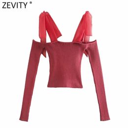 Mujeres Sexy Slash Neck Off Shoulder Knitting Sweater Mujer Chic manga larga Organza Strap Patchwork Pullovers Tops S599 210420
