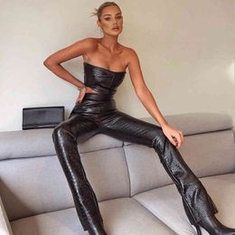 Vrouwen Sexy Mouwloos Ruches PU Lederen Backless Camisole Tube Top Wide Leg Pant 2 Stuk Set Herfst Winter Y2K Kleding Suits 210517