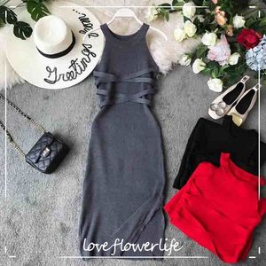 Vrouwen sexy mouwloze massief gebreide jurk zomer vintage kant spleet bodycon jurk casual party bottoming vest jurk vestidos 210521