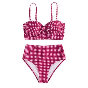 Femmes Sexy Slim Plaid Two Pieces Swimsuit High Waited Bikini Swimwear Bikini Ensembles Plus taille Rose RedblackBluesky Blue 240426